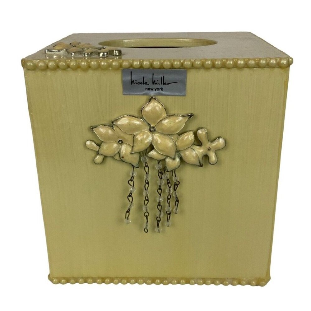 Nicole Miller New York Tissue Box Cover Delias Cream 3D Floral Applique Beads
